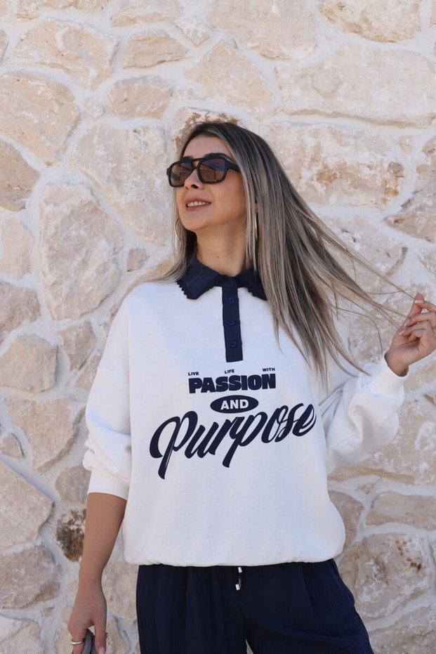 Navy blue polo collar sweatshirt with text detail