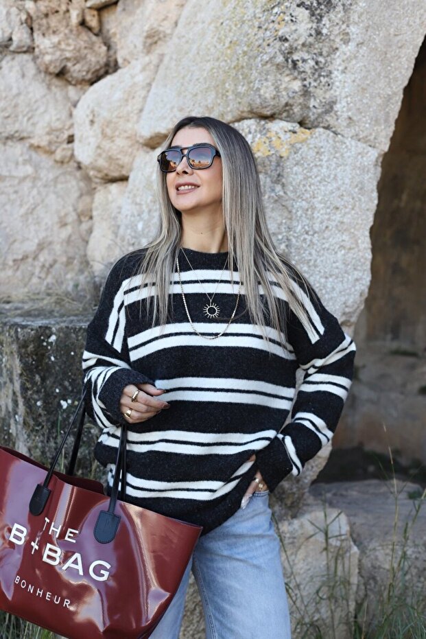 Anthracite Standard Size Crew Neck Striped Sweater