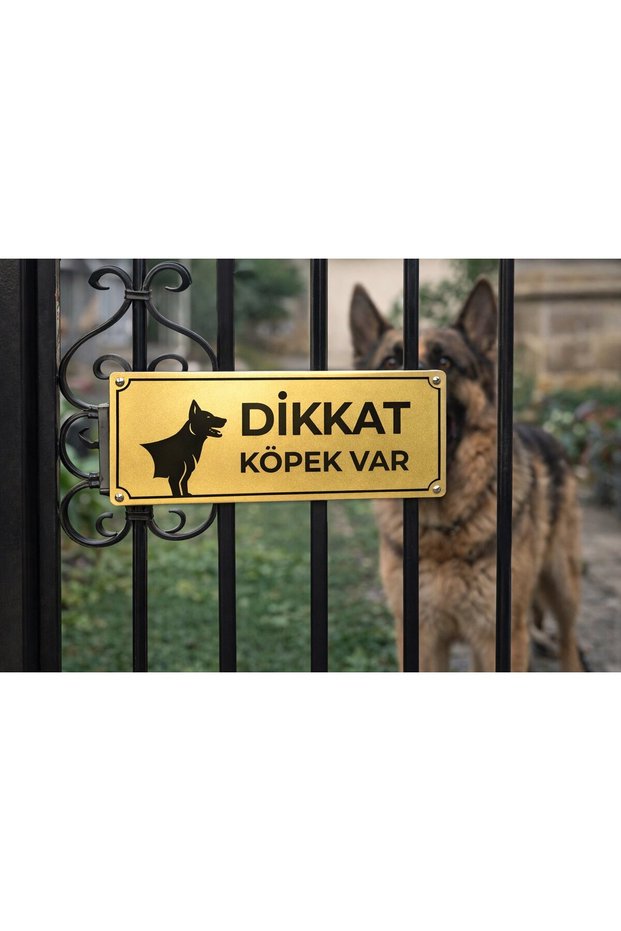 Warning: Dog Present Gold Metal Door Sign 7X20 cm – Garden & Villa Entrance