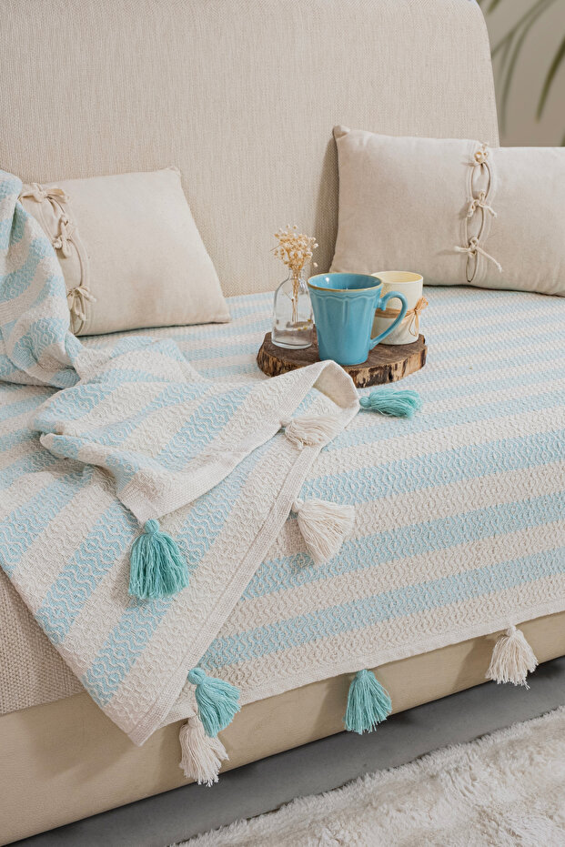 Liva Pompom Mint Sofa Cover 115 X 200 cm Sofa Divan Sofa Bed Armchair Cover Shawl with Tassels