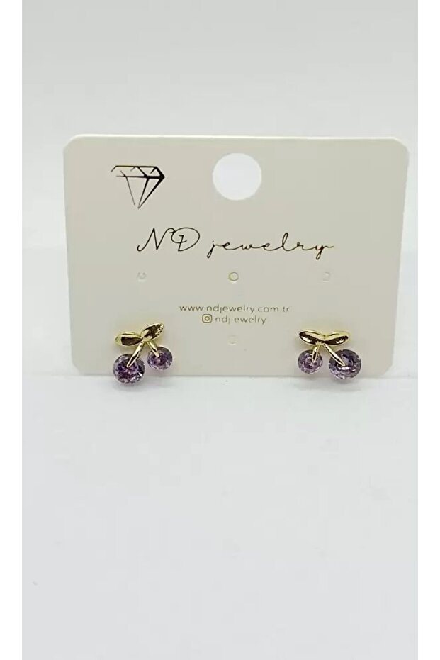 Purple Cherry Detailed Gold Mini Earrings