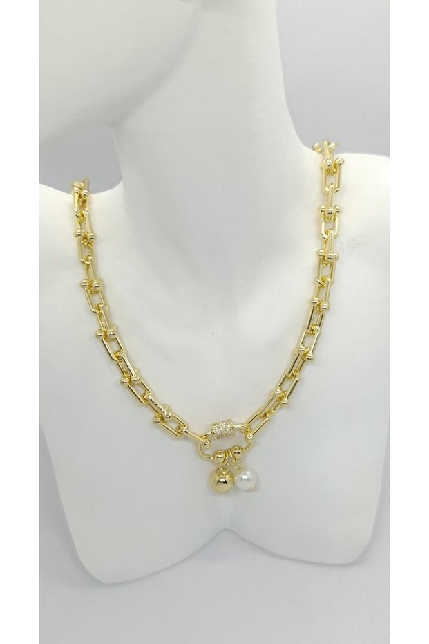 Gold Premium Chain Necklace with Pearl and Ball Detail (40+5 cm)