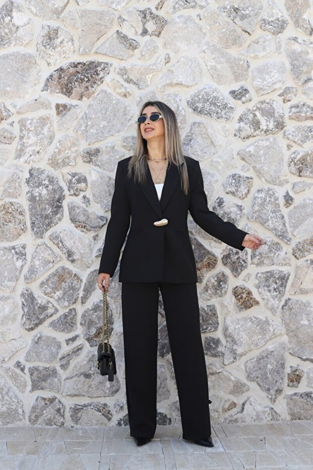 Black Button-Down Blazer Suit - 1