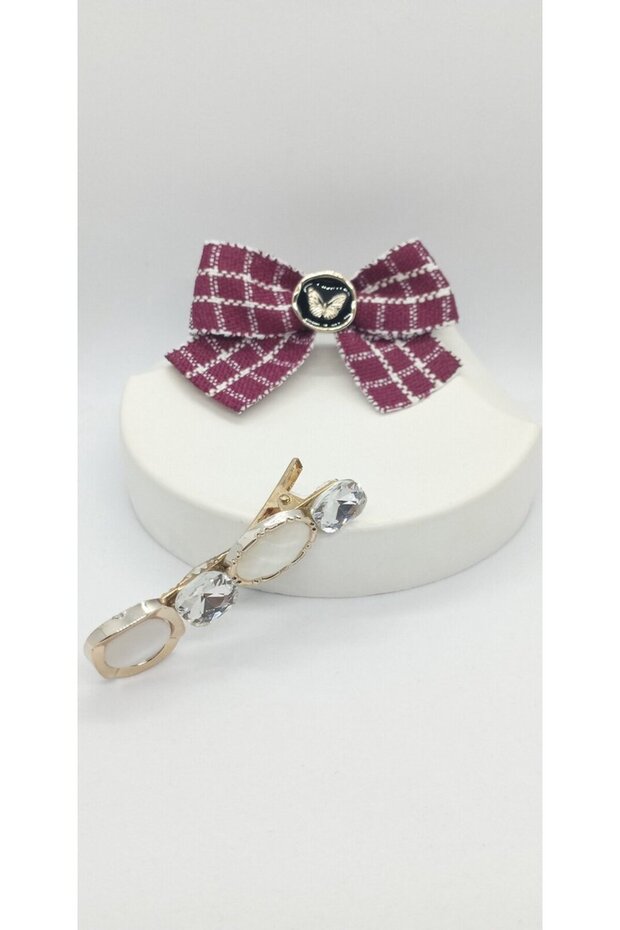 Bow and stone hairpin set (burgundy)