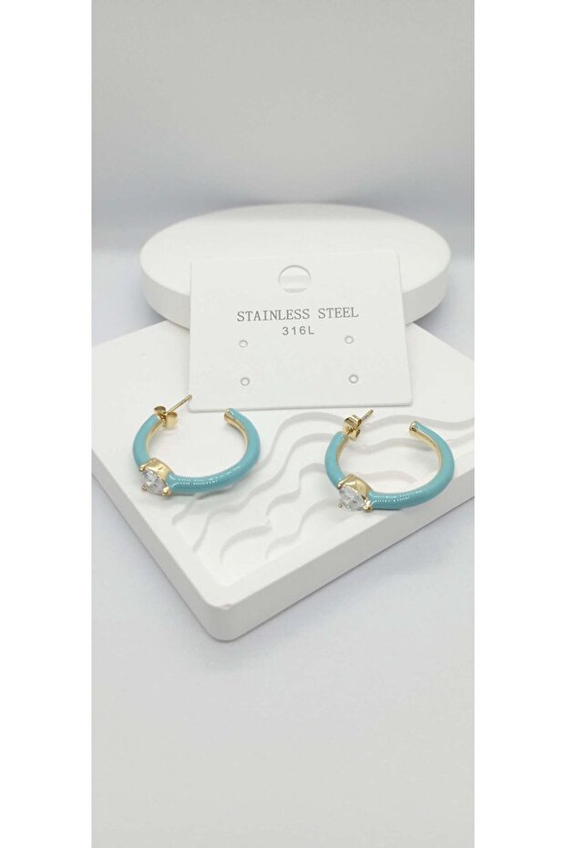Blue Color Heart Stone Hoop Earrings