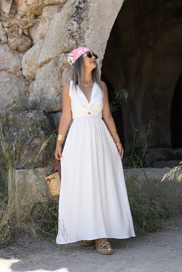 White Back Tie Detail Dress