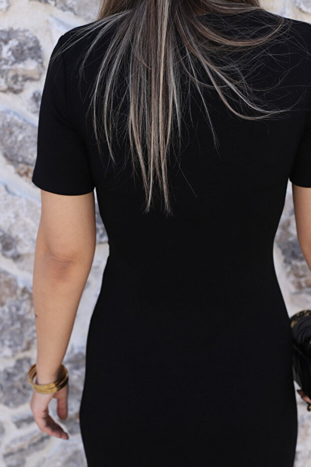 Black Basic Side Tie Dress - 5