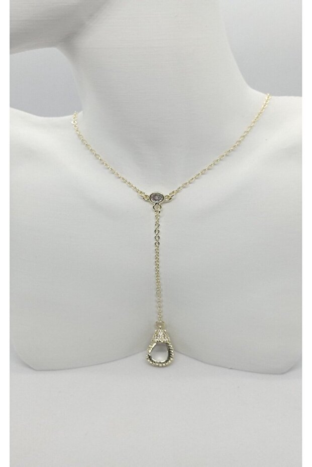 Gold Color Stone Detailed Hook Figured Y Necklace