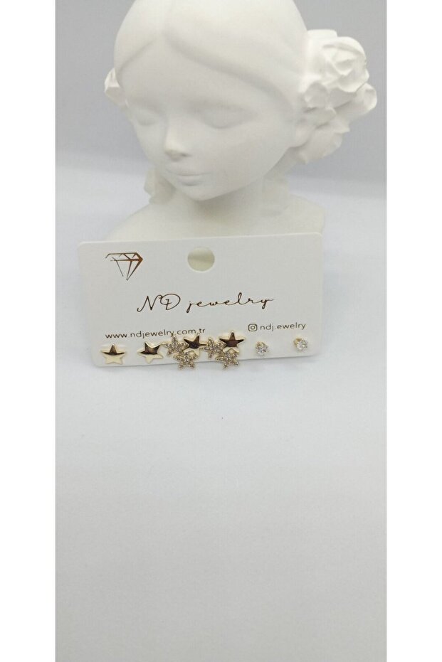 Gold Color Stone and Plate Star Earring Set