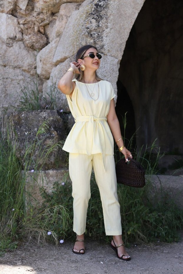 Yellow Linen Blouse Set with Curved Shoulders