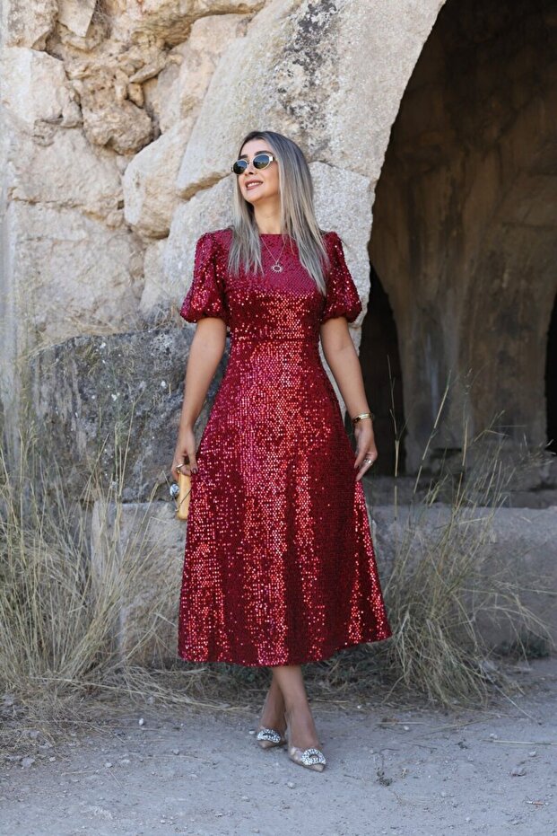 Burgundy Balloon Sleeve Sequin Dress