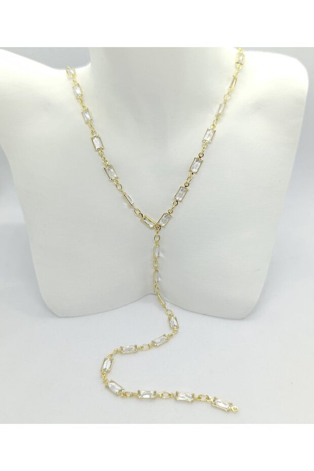 Gold Color White Stone Y Necklace (42+5 cm)