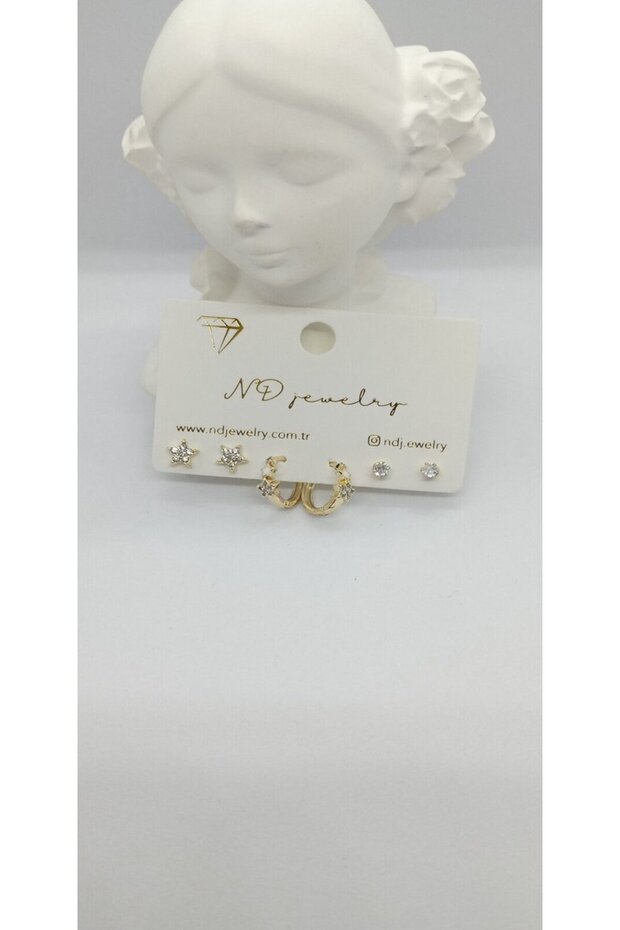 Gold Color Hoop and Stone Star Earrings Set