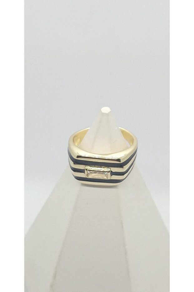 Gold Color Black Enameled Stone Detailed Ring