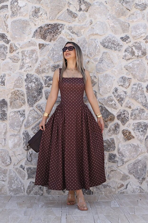 Brown Square Neck Pleated Polka Dot Dress