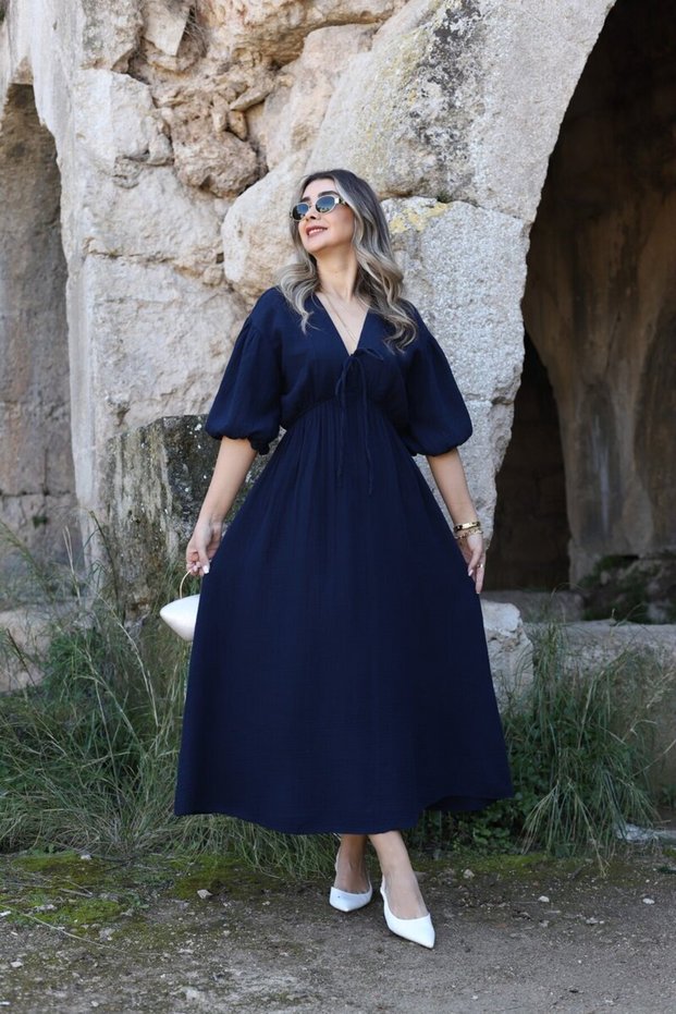 Navy Blue Balloon Sleeve Muslin Dress