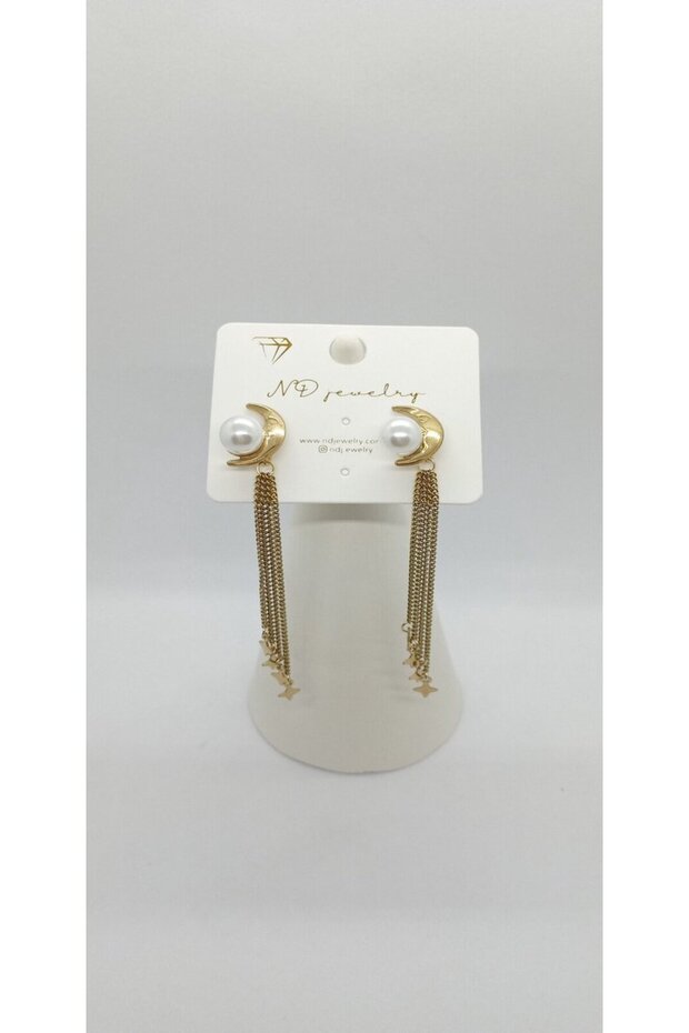 Chain Detailed Pearl Moon Earrings