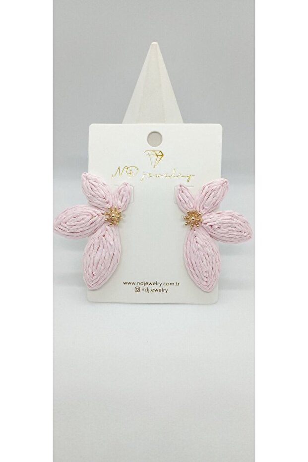 Pink color straw half flower earrings