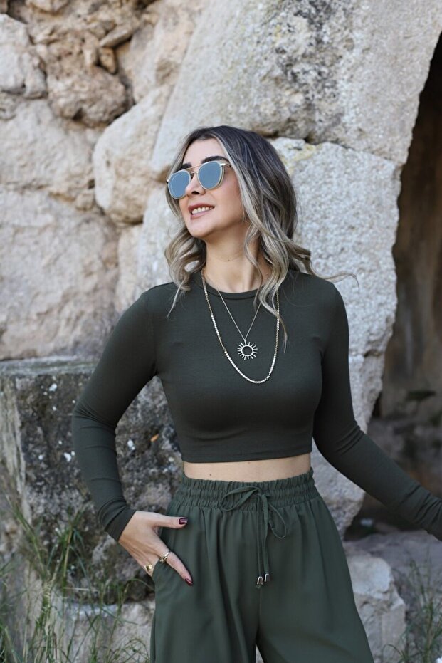 Dark Khaki Long Sleeve Crop Top