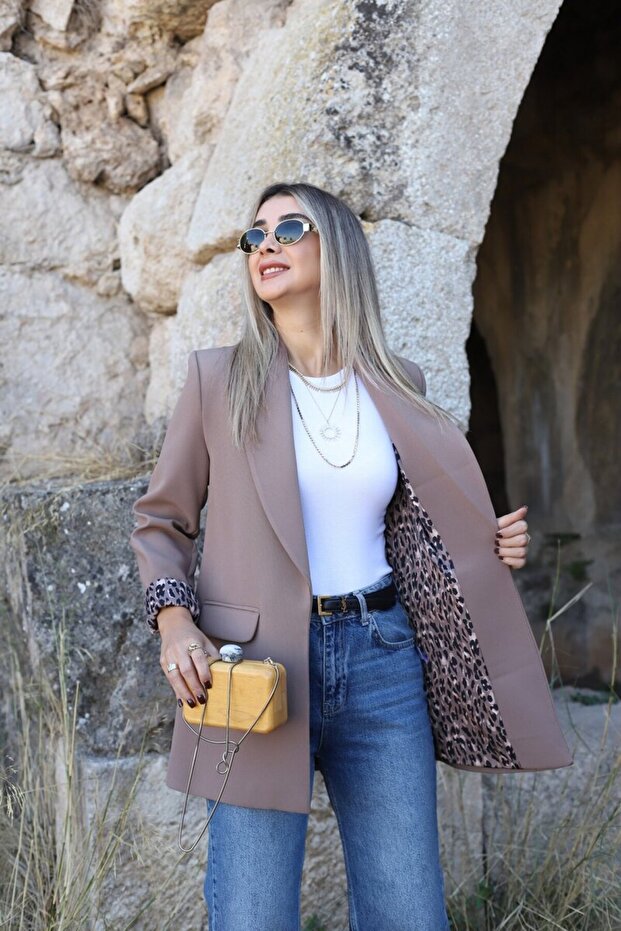 Camel Leopard Lined Shawl Collar Blazer