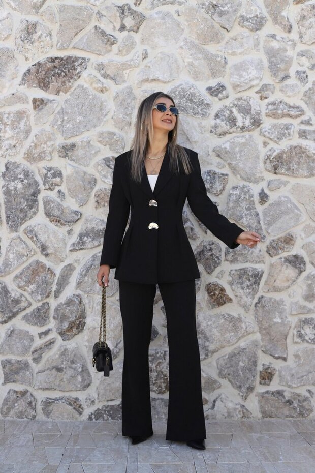 Black pleated double button blazer set