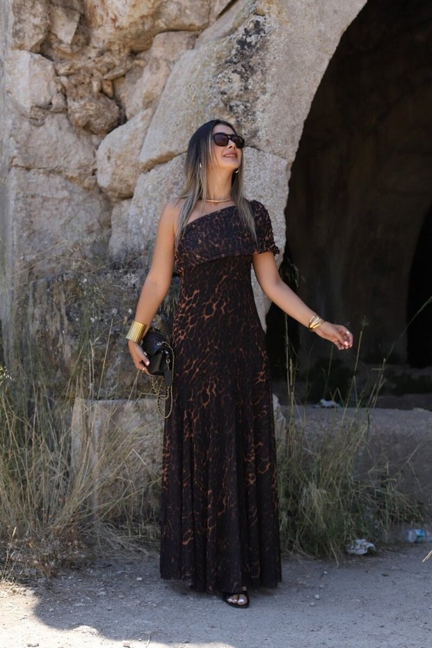 Black Leopard Pattern One Shoulder Maxi Tulle Dress
