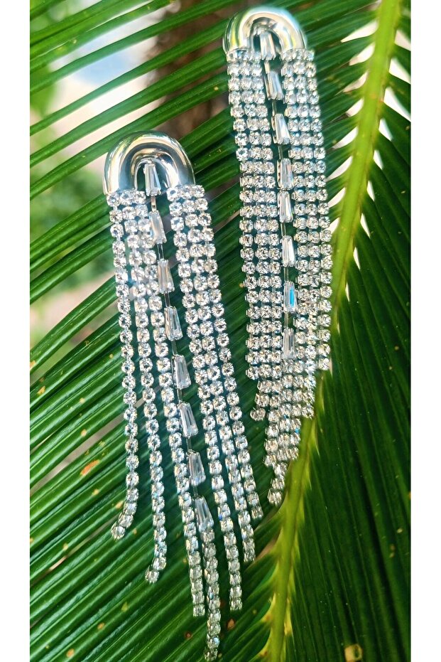 Silver Color Zircon Stone Luxury Evening Dress Earrings