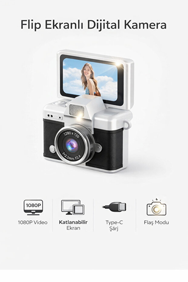Omaze Mini Dijital Fotoğraf Ve Video Kamera Dönen Lcd Ekranlı 128Gb Hafıza Kartı Destekli 48MP+1080P+Flaş