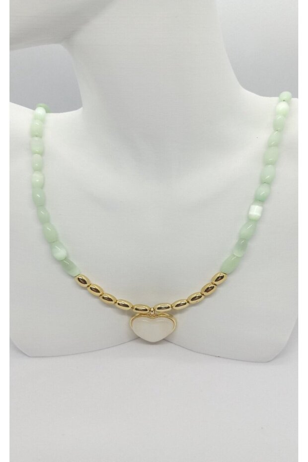 Mint and Gold Color Heart Detailed Bead Necklace