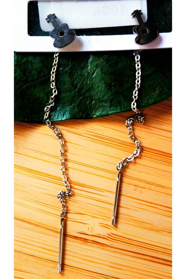 Silver Color Metallic Guitar Figured Dangle Earrings