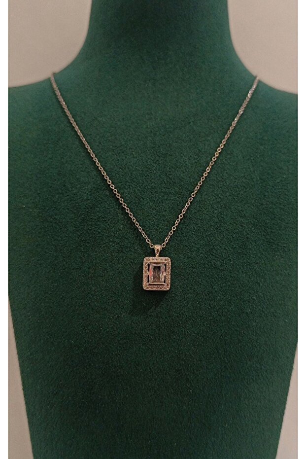 Luxury Silver Color Rectangular Stone Figured Flashy Necklace