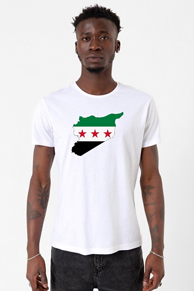 تيشيرت رجالي أبيض بعلم سوريا الجديد