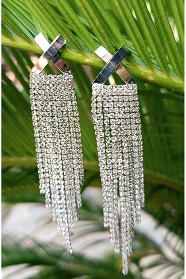 Silver Color Zircon Stone Luxury Evening Dress Earrings