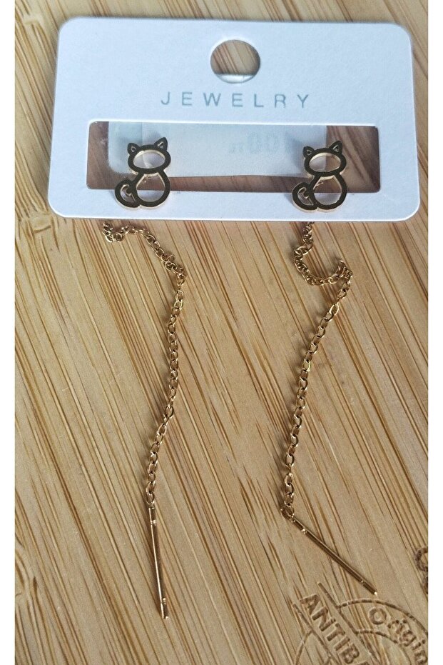Gold Color Metallic Cat Figured Dangle Earrings