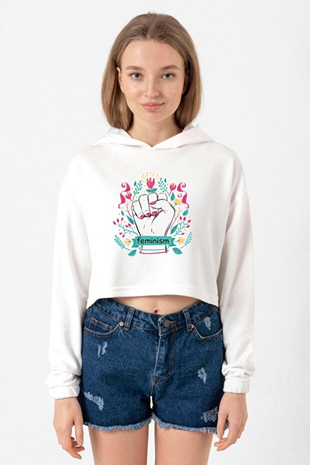 Flowered Feminism Hand Ecru Women's Crop Hoodie