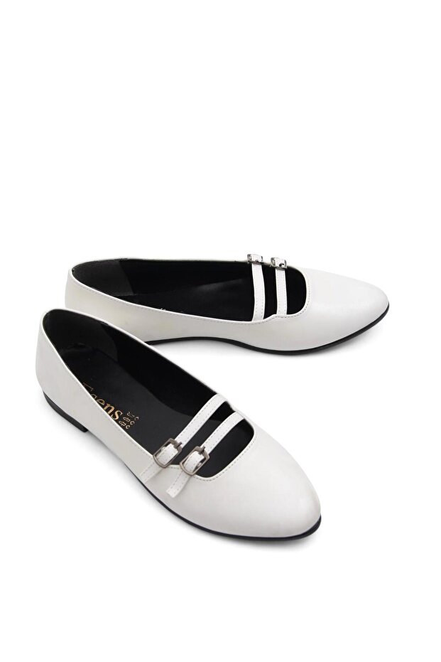 Women's oval toe double buckle ballet flats - white