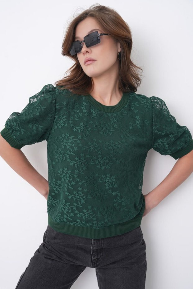 Floral Tulle Detailed Short Sleeve Knitwear Blouse Ss26Bz0030