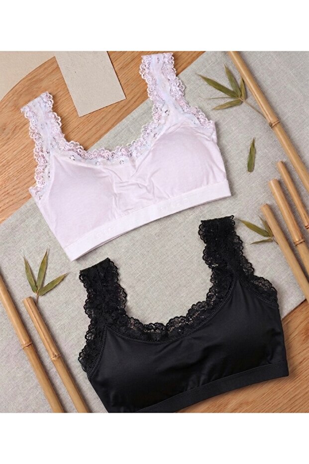 Women's Cotton 2 Pieces Lace Padded Half Tank Top Thick Strap Bra