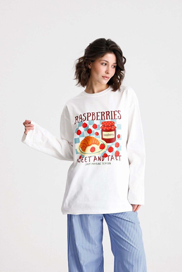 Women's Ecru Oversize Printed Cotton T-Shirt 31102