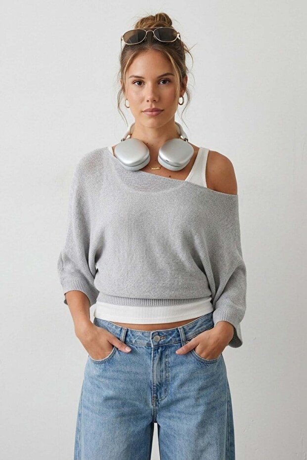 Gray Wide Collar Double Layer Knitwear Sweater Mg2780 - 1
