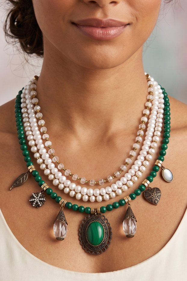Real Pearl Antique Coated Detailed Combined Design Necklace