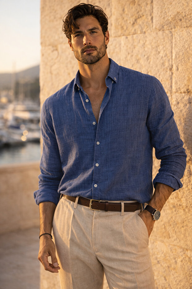 Bien Cotton Linen Men's Shirt - Navy Blue
