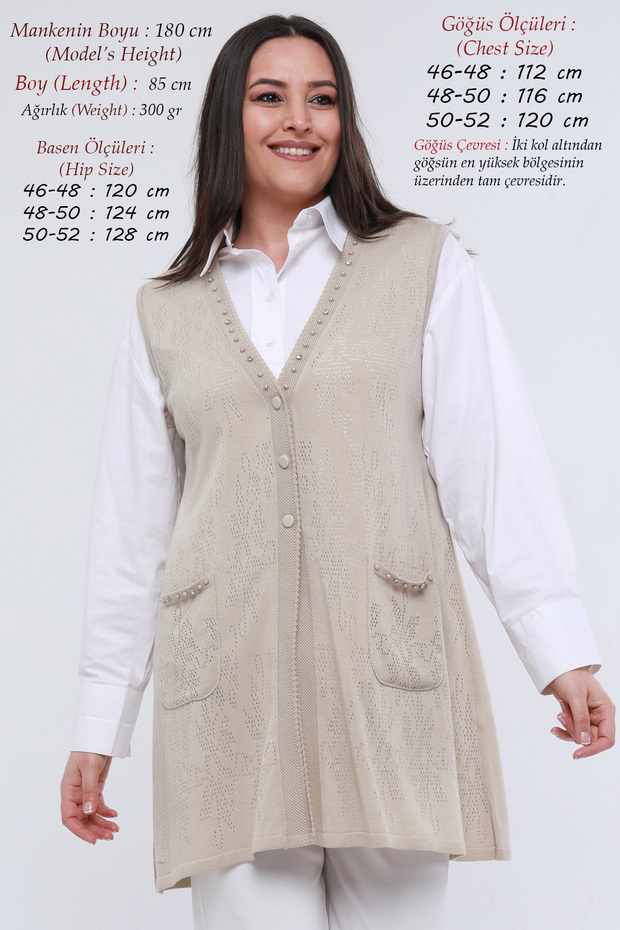 Plus Size Women's Spring Summer Hijab Thin Long Floral Patterned Special Knitwear Ecru Mother Long Vest