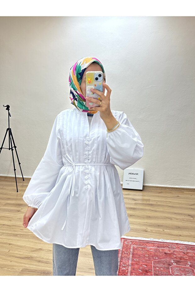Women's Ribbed Button Detailed Trendy Shirt Quwi̇q - White