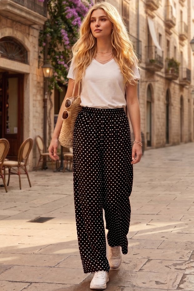 Women's Viscose Black and White Polka Dot Palazzo Wide Leg High Waist Elastic Summer Trousers