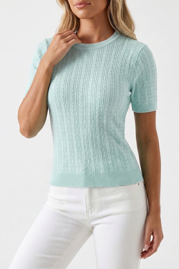 Water Green Crew Neck Short Sleeve Knitwear Sweater Slim Fit Hair Knit Patterned
