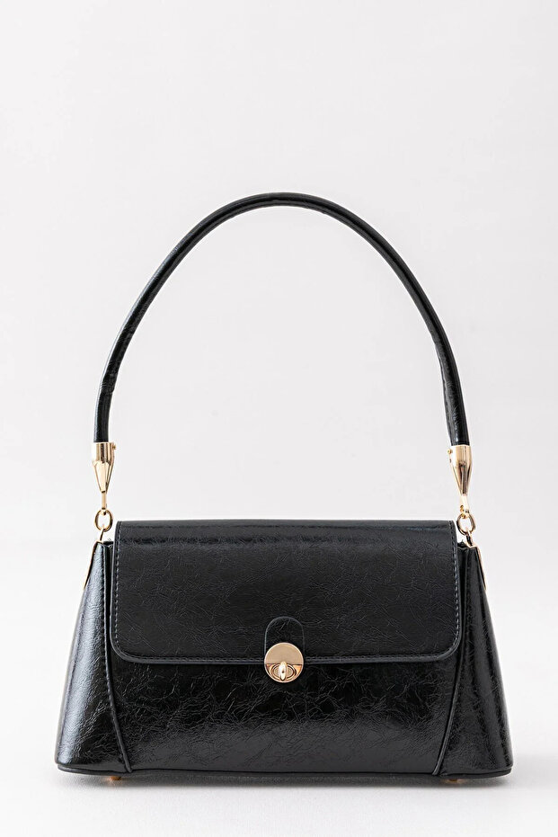 Women's Black Wrinkled Leather Shiny Baguette Hand and Shoulder Bag