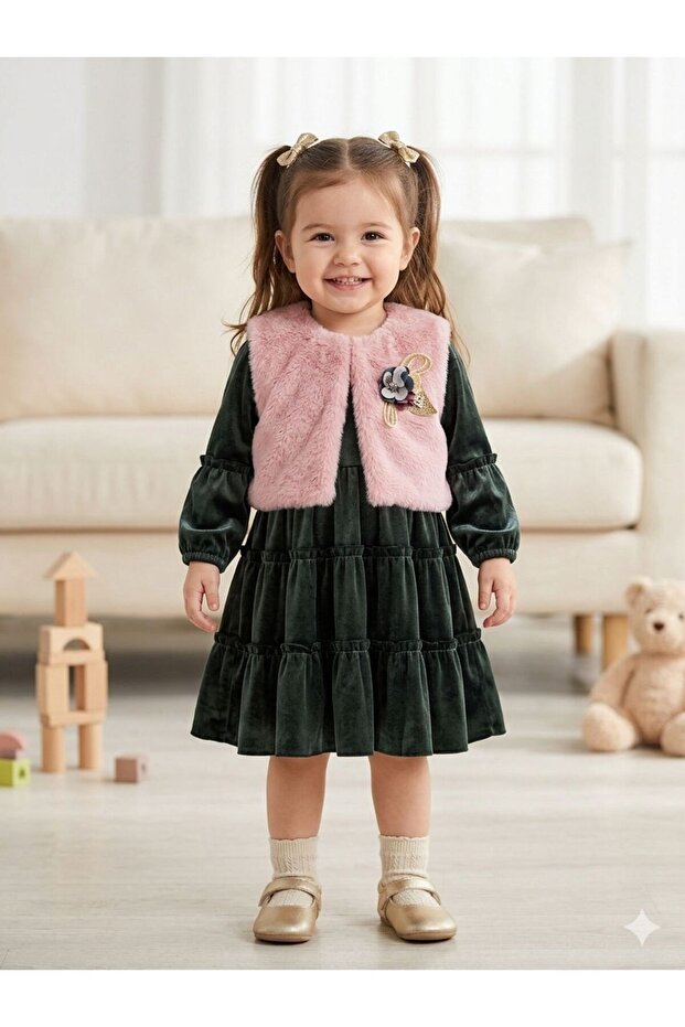 VELVET DRESS WITH PLUSH VEST