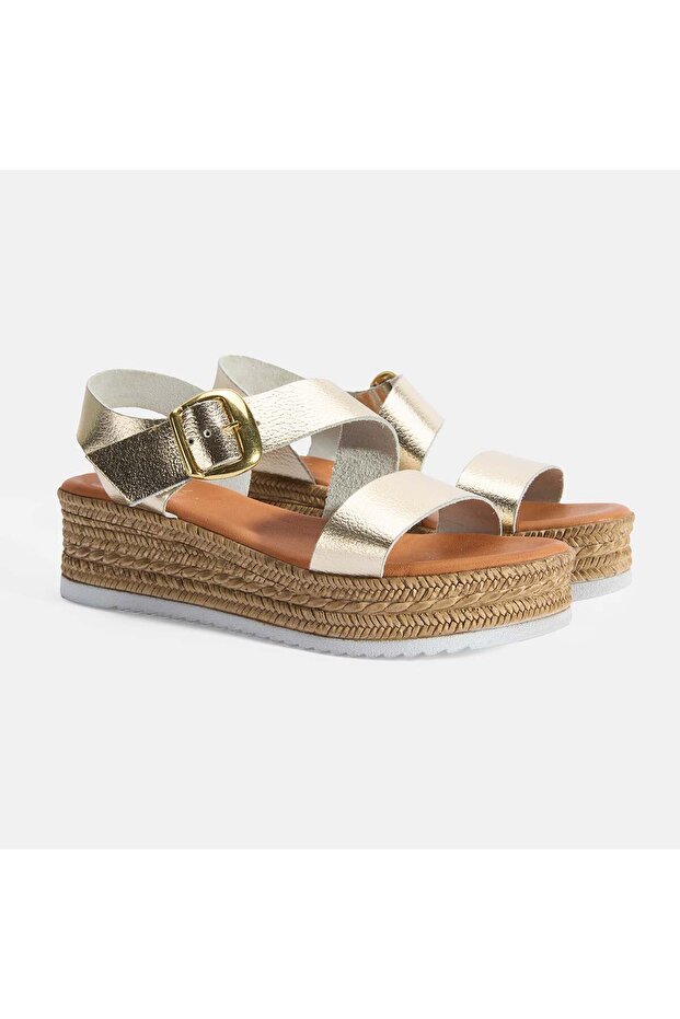 Women's Gold Adjustable Buckle Heeled Leather Sandals