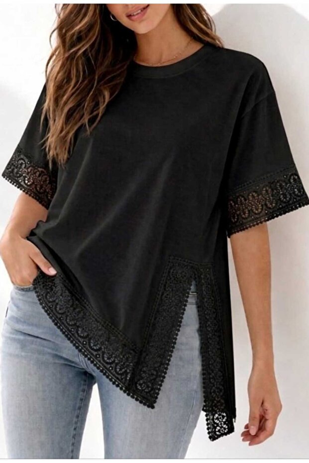 New Season Women's Crew Neck Modal Cotton Lace Detailed Asymmetrical Cut Basic Short Sleeve T-Shirt